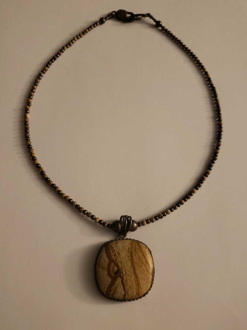Sterling Silver Beaded Square Stone (Jasper?) Tan Desert Pendant Necklace 925